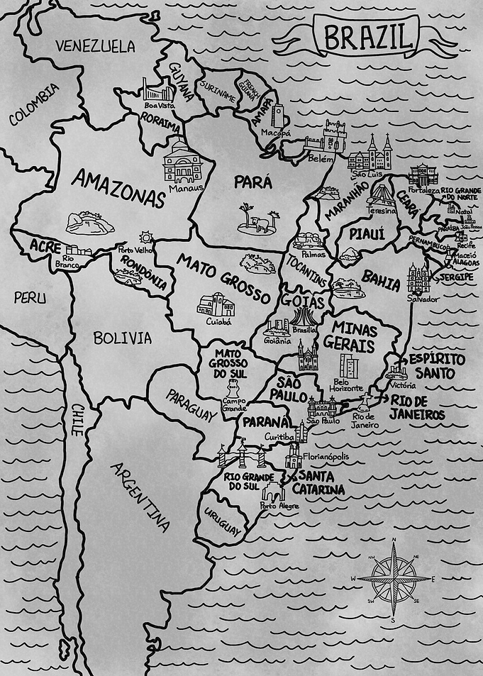 Gray Vintage Map of Brazil