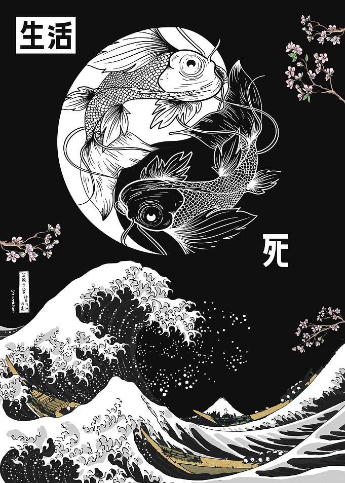 Yin yang Koi fish big wave