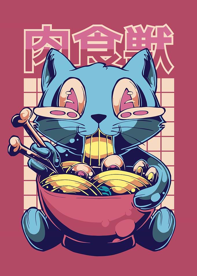 happy cat eating ramen