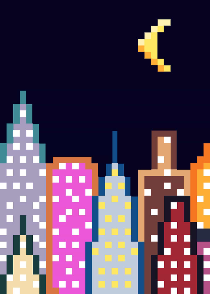 Pixel art cityscape skyscr