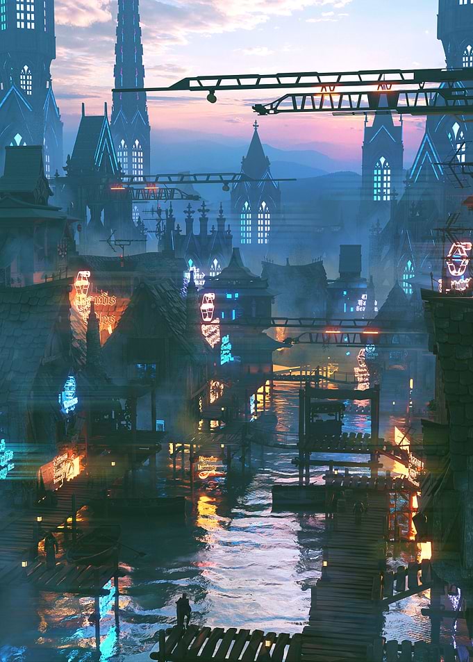 Cyberpunk Lake Town