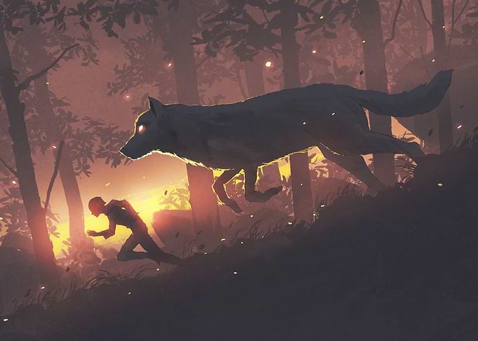Man and a Giant Wolf