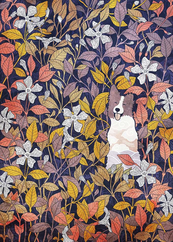 Border Collie and flowers