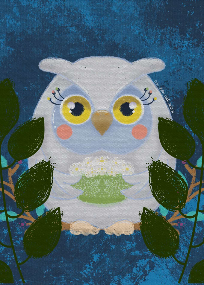 Owl with white flowers