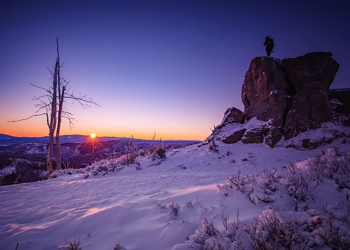 Winter sunrise, snowy hill