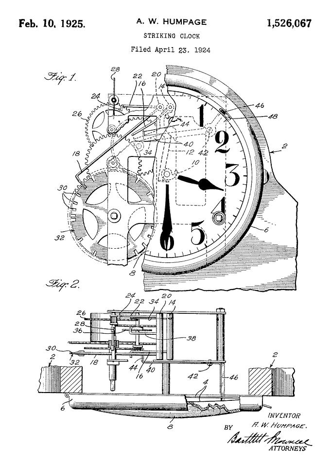 Striking clock patent 1925