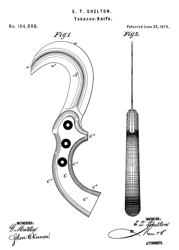 Tobacco knife patent 1875