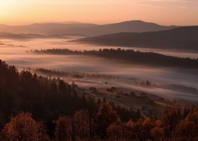 Autumn misty sunrise, view