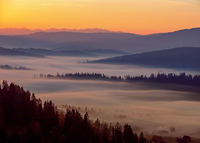 Autumn misty sunrise, view
