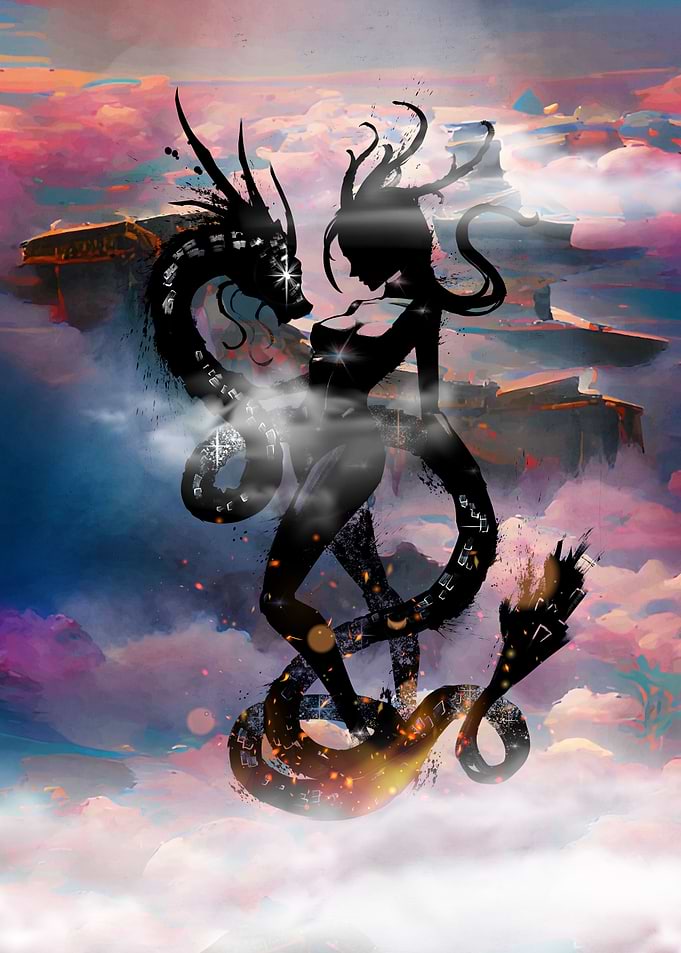 Dragon woman in clouds