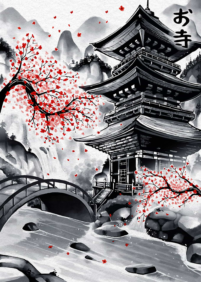 Japanese Temple Ink Wash