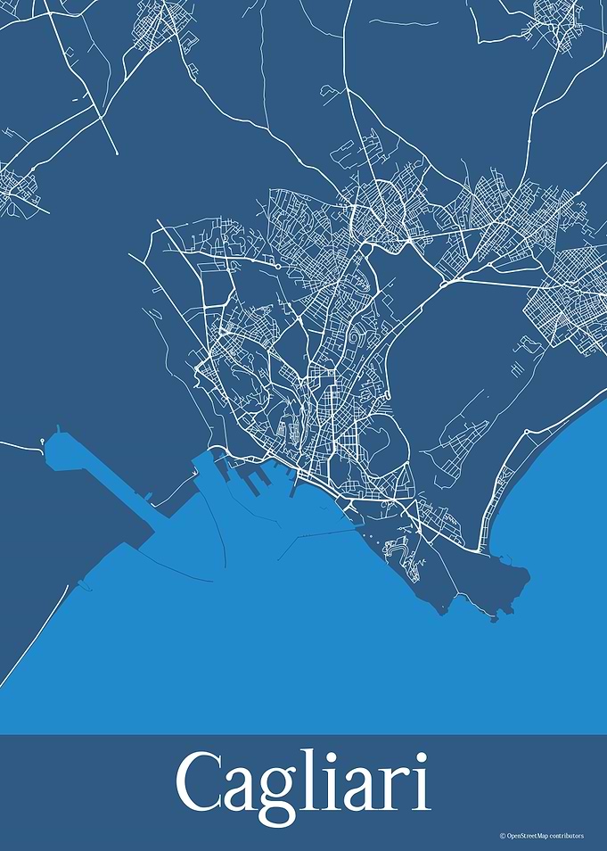Cagliari Italy Blue Map