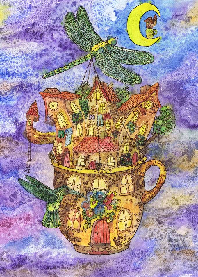 Flying cup with dragonfly