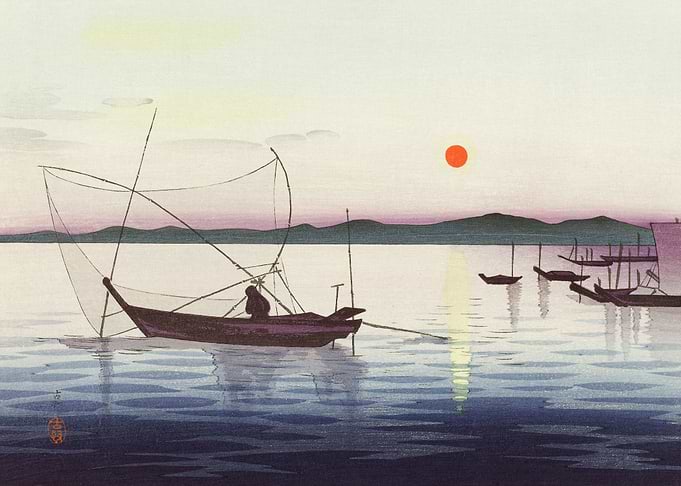 Japanese sunset river bank