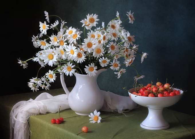 White daisies and cherries
