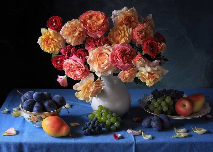 Peach roses and grapes