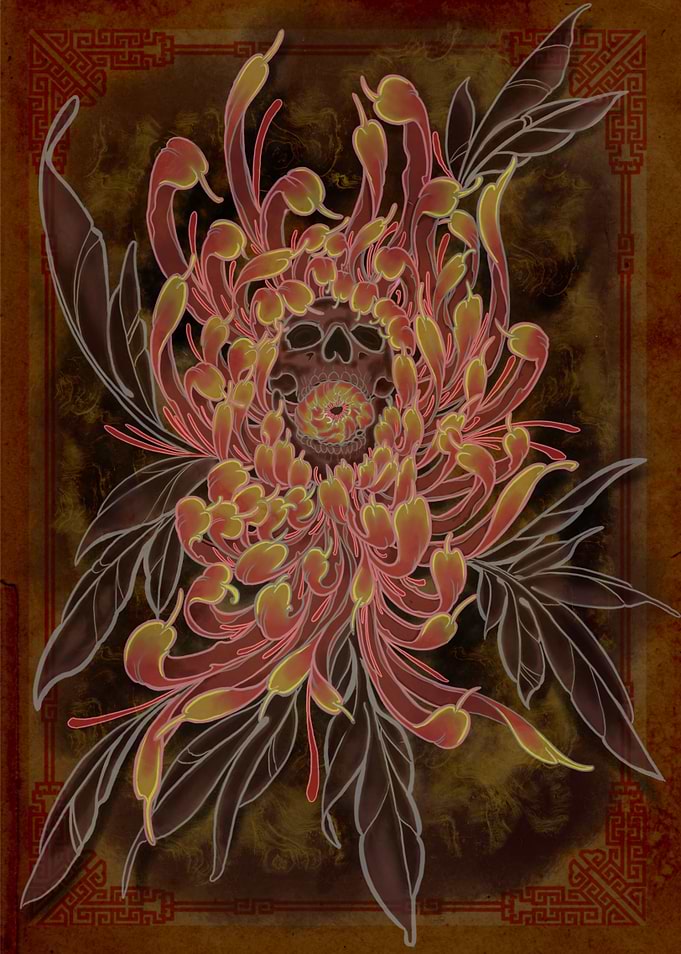 Skull and chrysanthemum