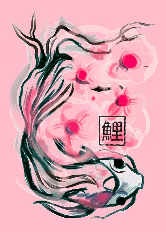 Koi fish sakura flowers