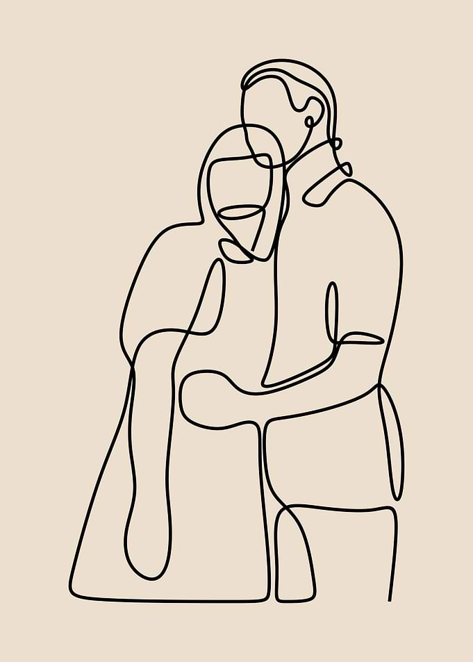 Couples hug one line art