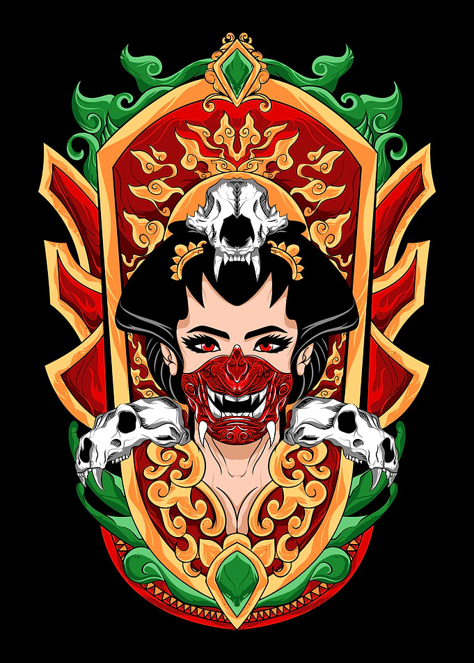 geisha wearing hannya mask