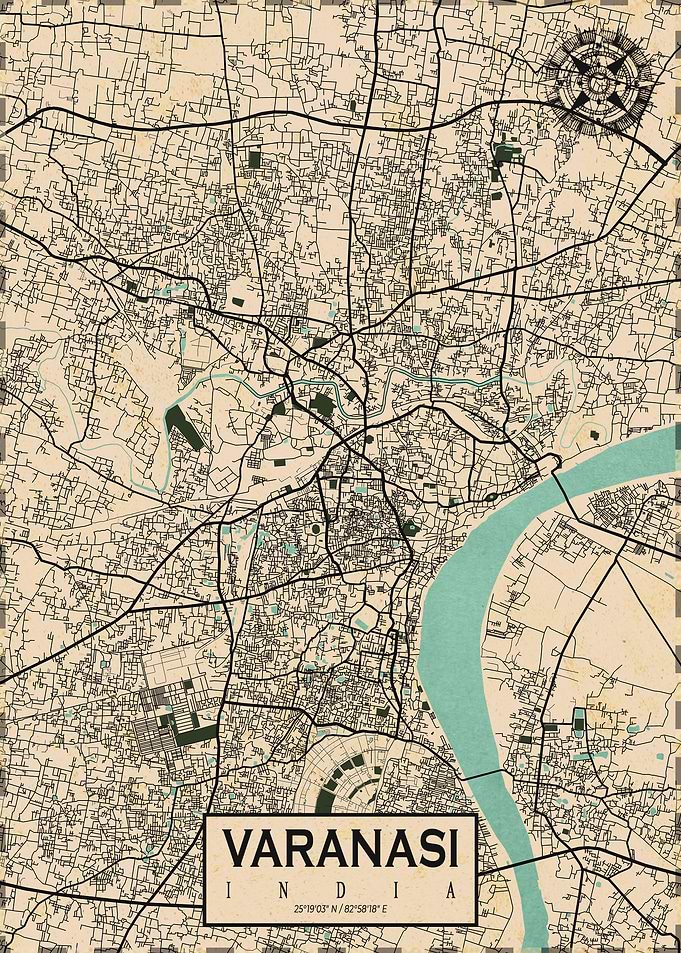 Varanasi City Map Vintage