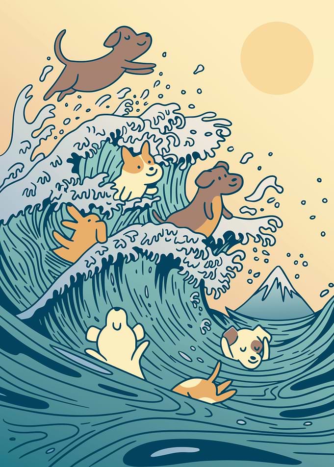 Dogs swimming great wave