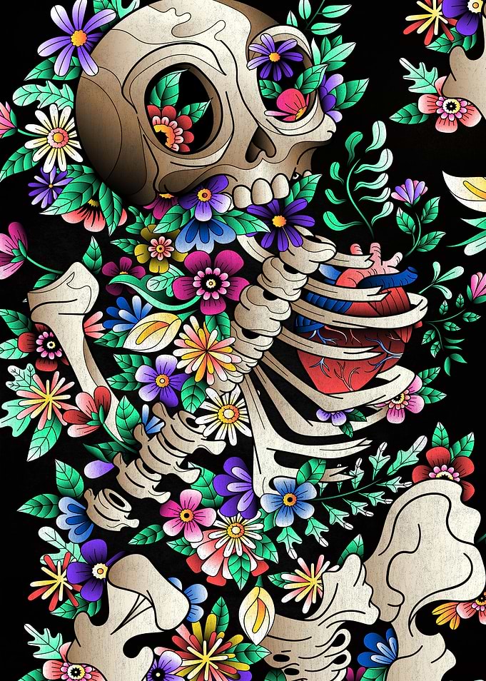 skull flowers colours