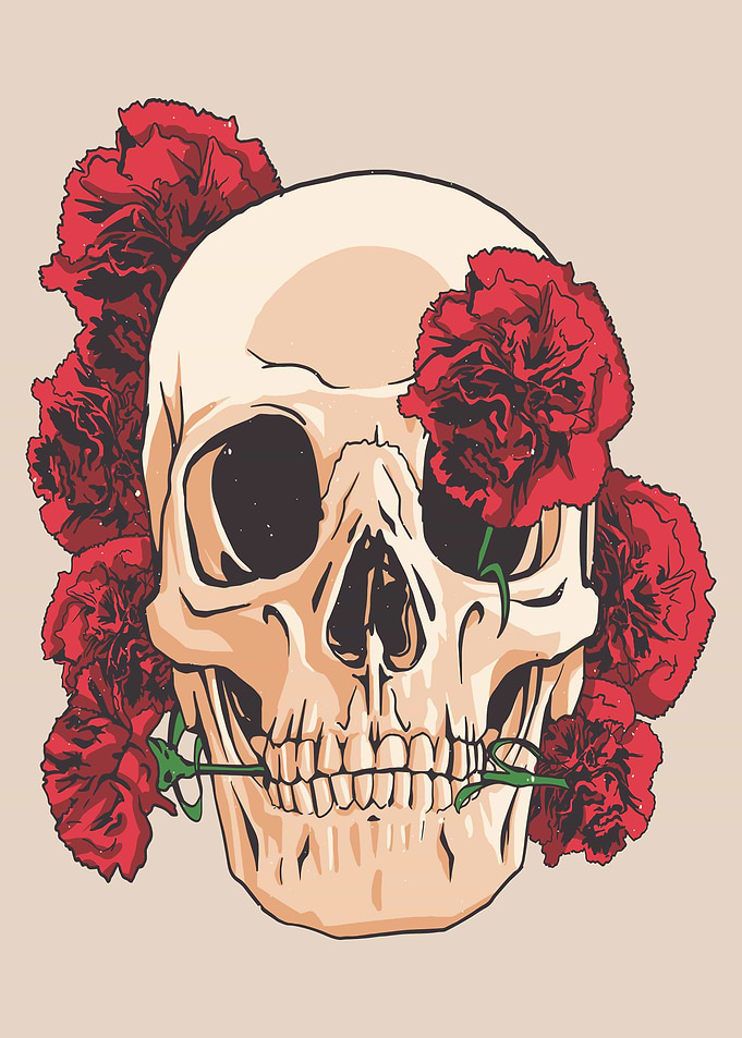 Skull with red carnations