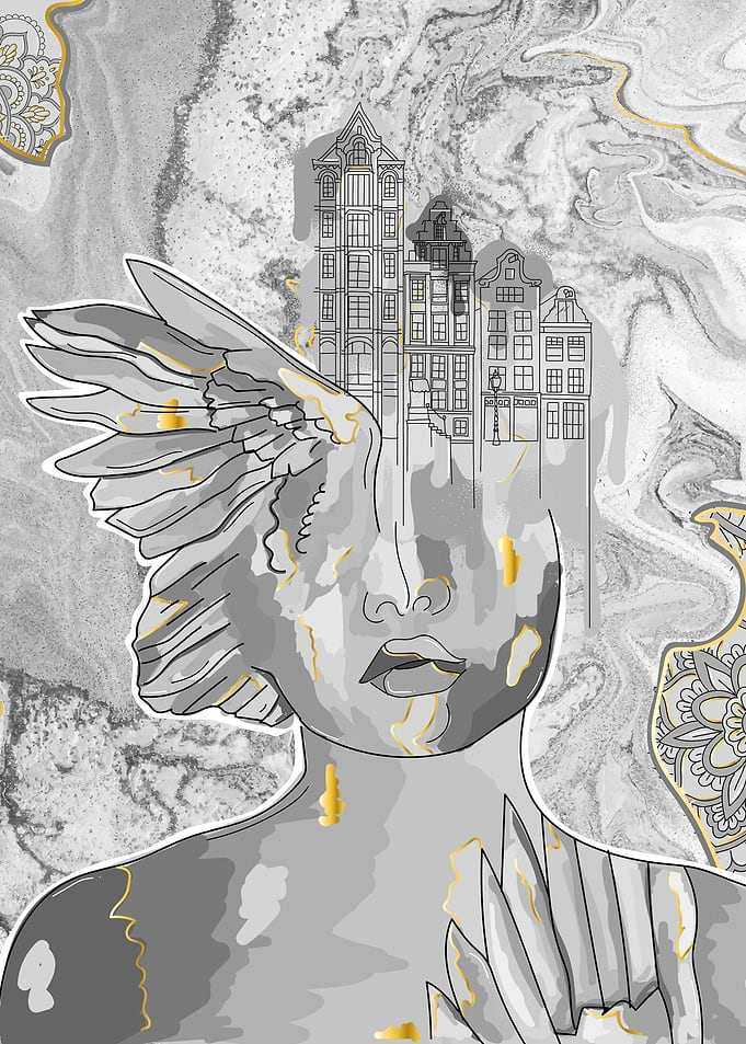 Fantasy grey woman wings
