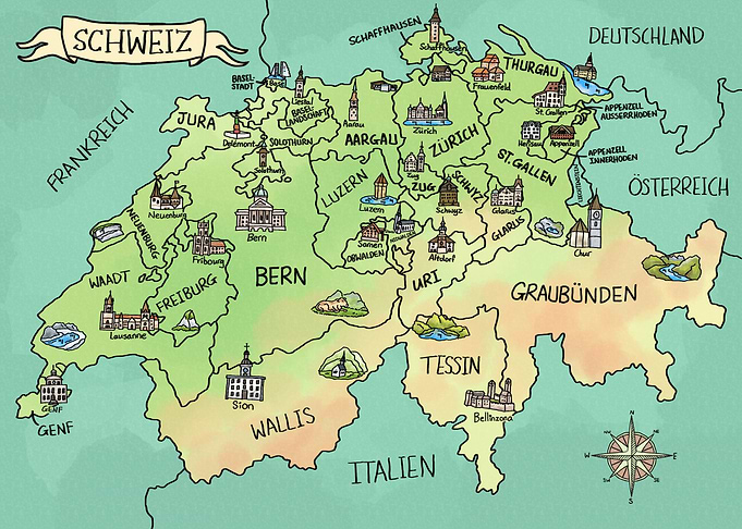 Aquarell Schweiz Karte
