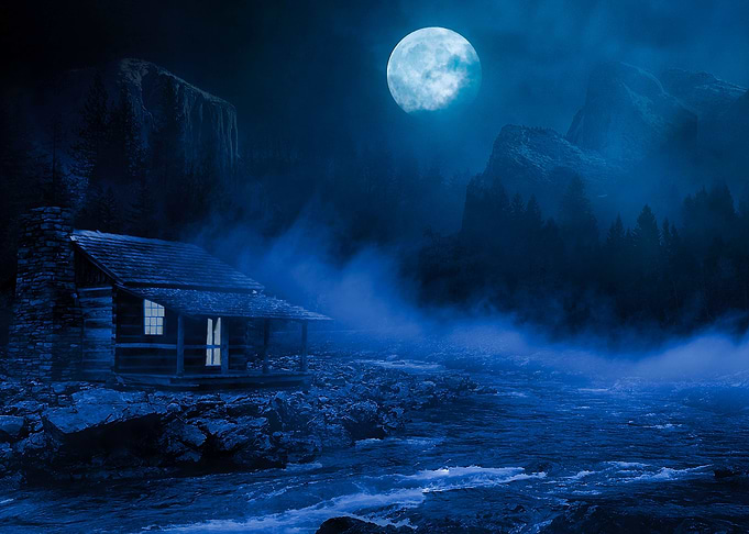Dark cabin in the winter