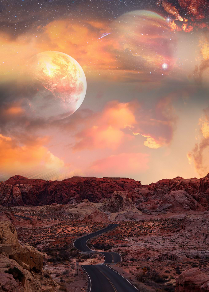 Planets above the road