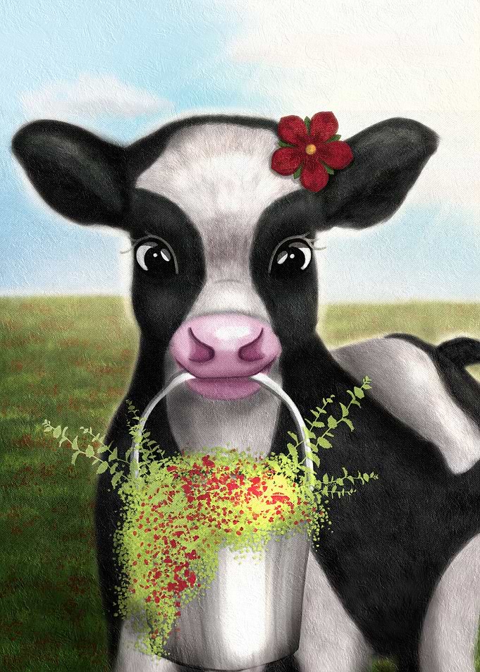Cow with a flower bucket