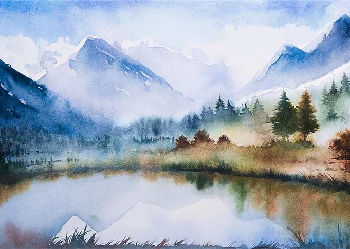 Watercolor Lake and Trees