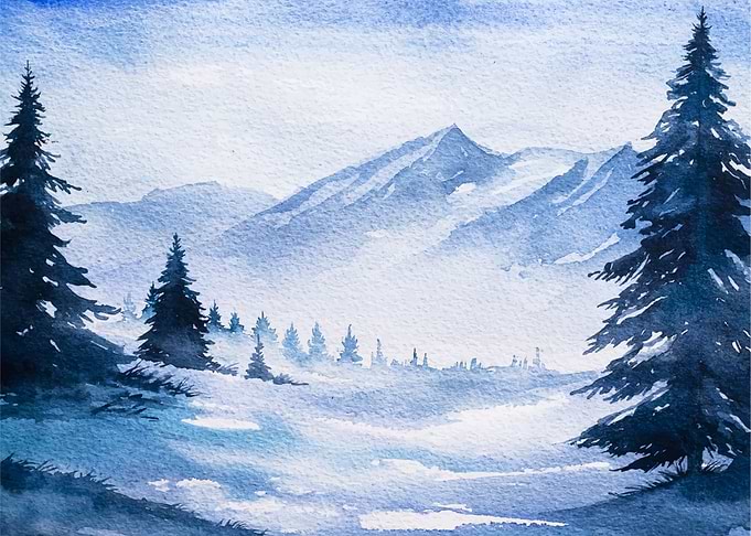 Watercolor Mountains Scene