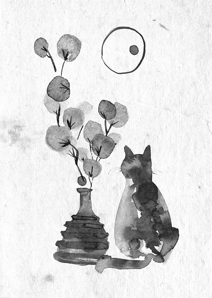 Cat with a vase of flowers