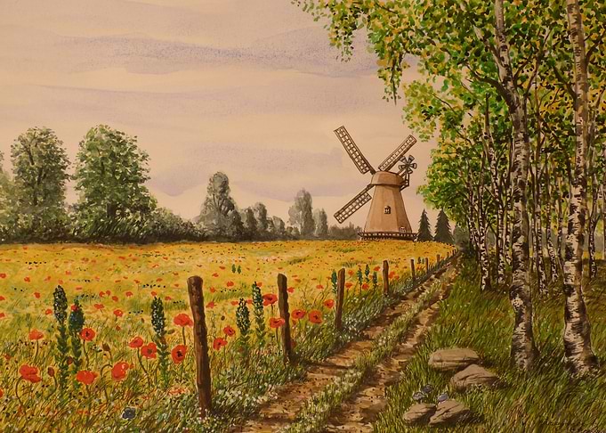 Mill and Red Poppies Field