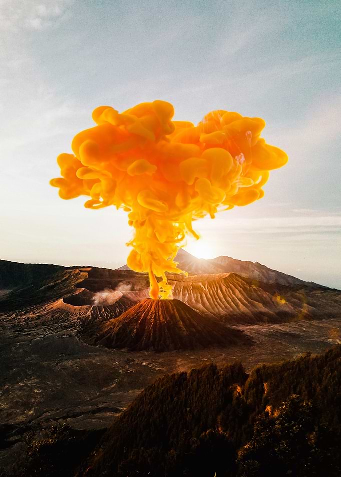 Orange smoke volcano erupt
