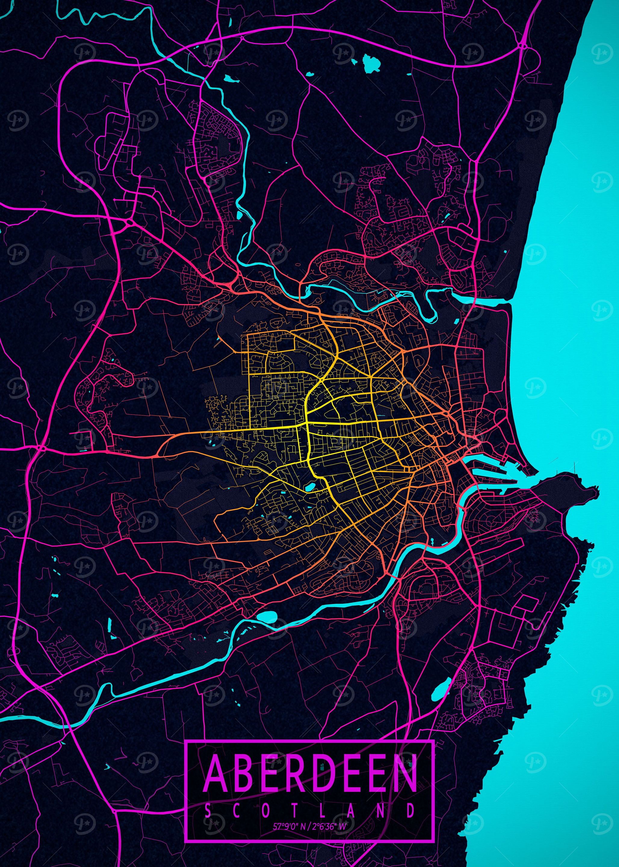 Aberdeen City Map Neon