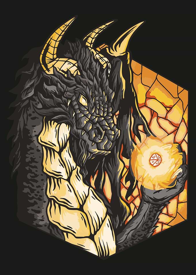Dragon with rpg dice