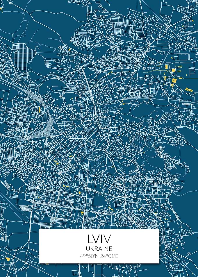 Lviv Map Blue White Lvov
