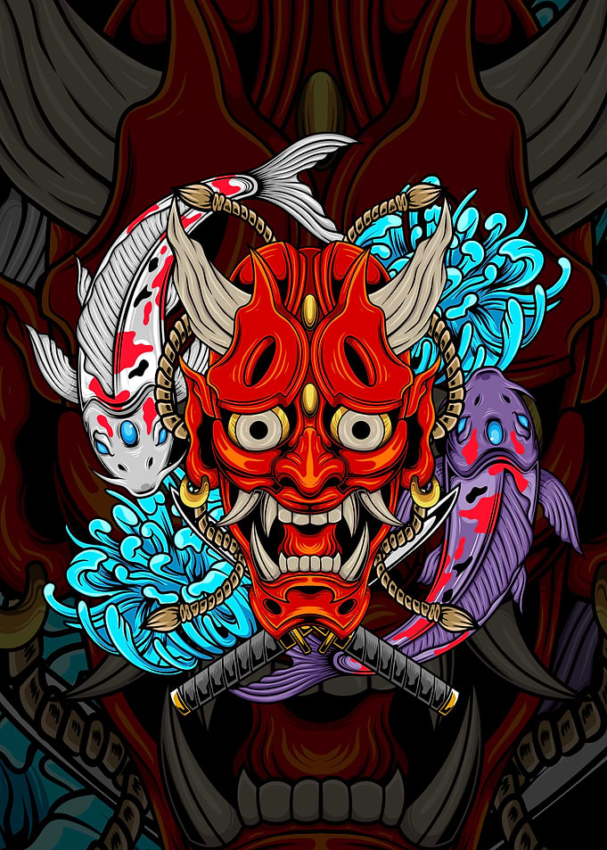 Oni mask and koi