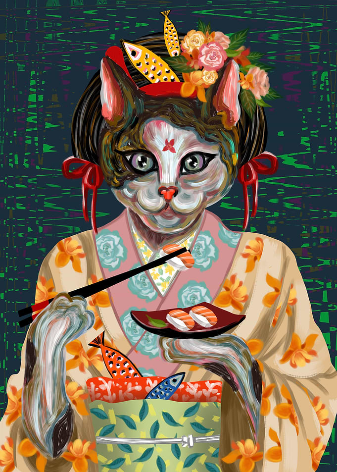Japanese cat with Fish