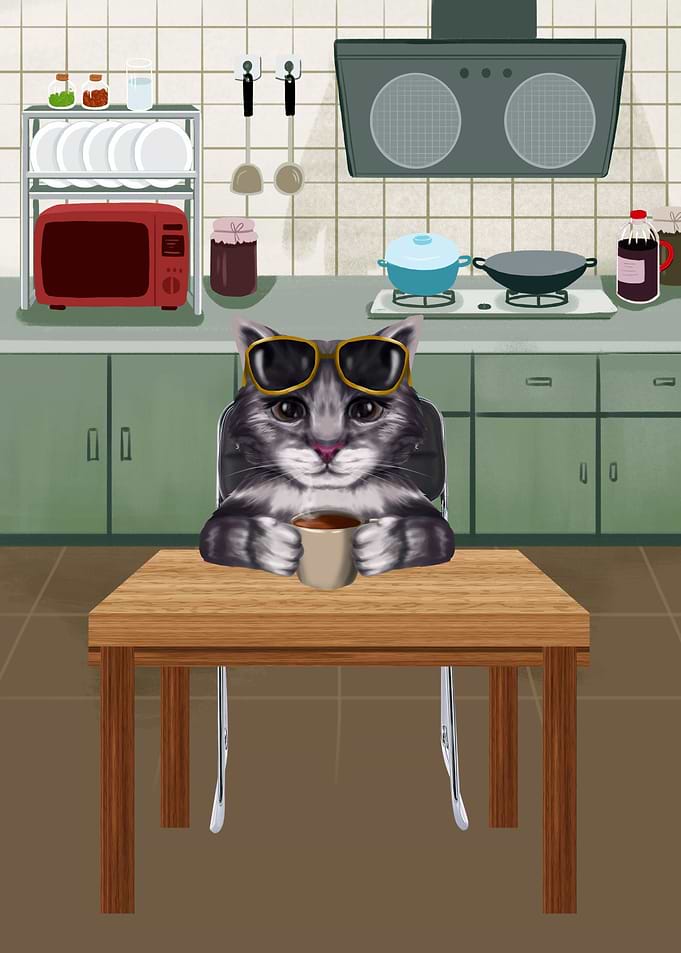Cat with Coffee in Kitchen