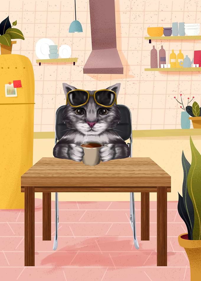 Cat at Kitchen with Coffee