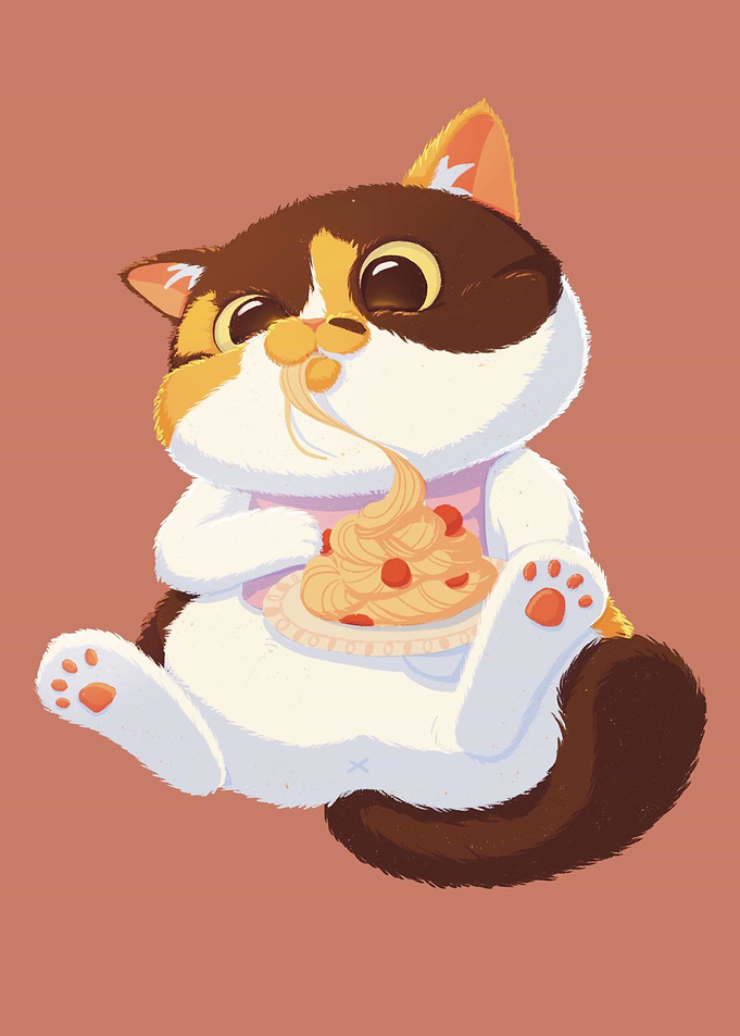 Cat Eating Pasta