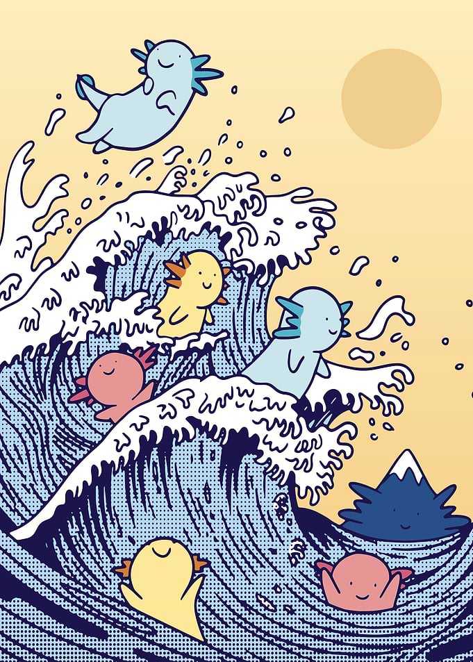 Axolotls surfing big waves