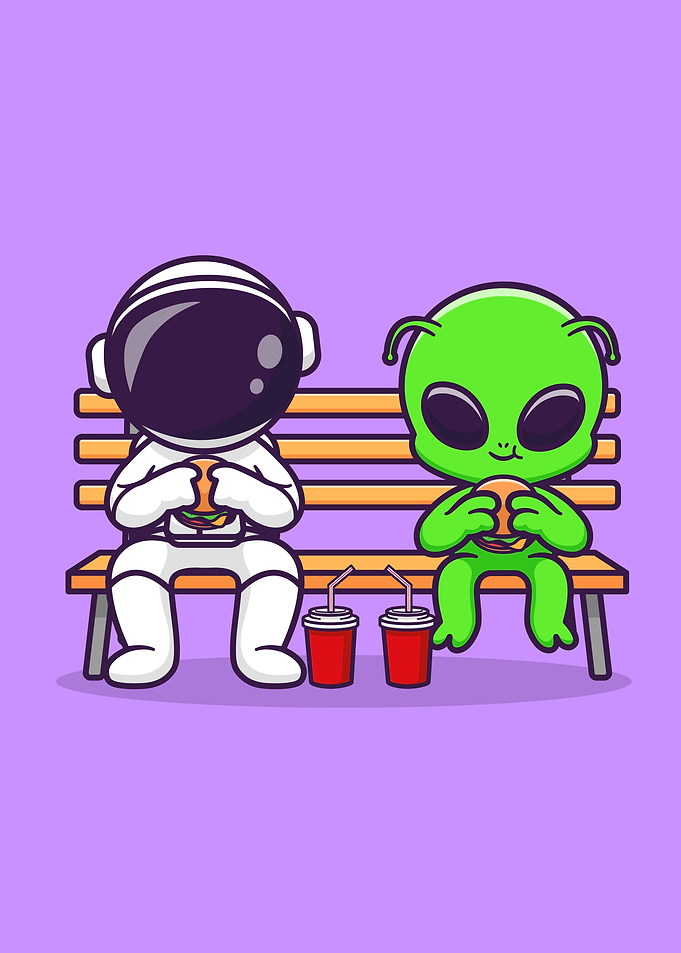 astronaut and alien eating