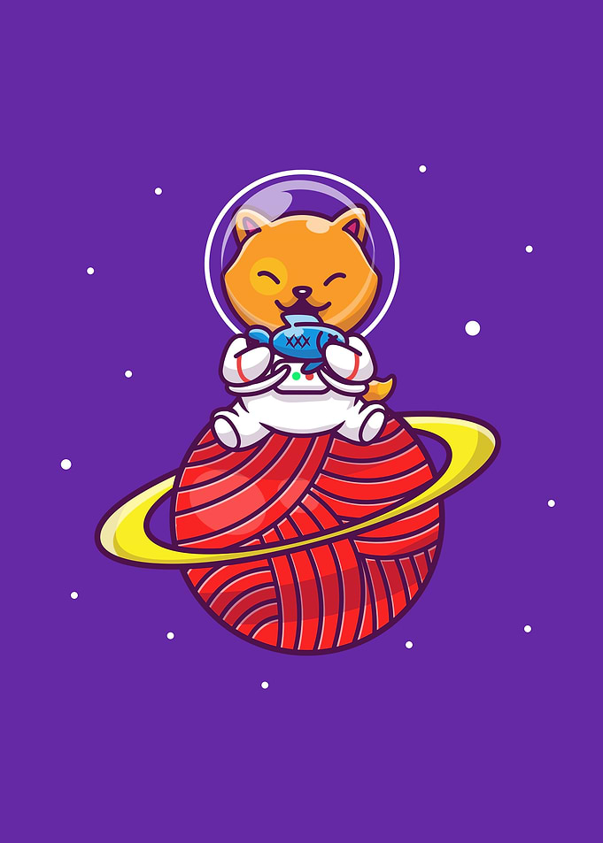 Astronaut cat holding fish