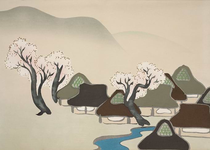 Village with cherry trees
